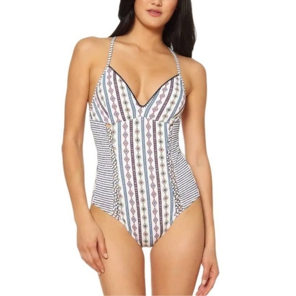 Jessica Simpson Womens Textured Cut-Out One-Piece Swimsuit Morroccan Stripe XL - Picture 1 of 10